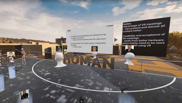 Virtuelle Sunset Gathering Plattform Human mit Avataren der Besucher und virtueller Präsentation