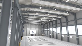 Übzo virtuelle Montagehalle Überblick Halle mit Bildschirm