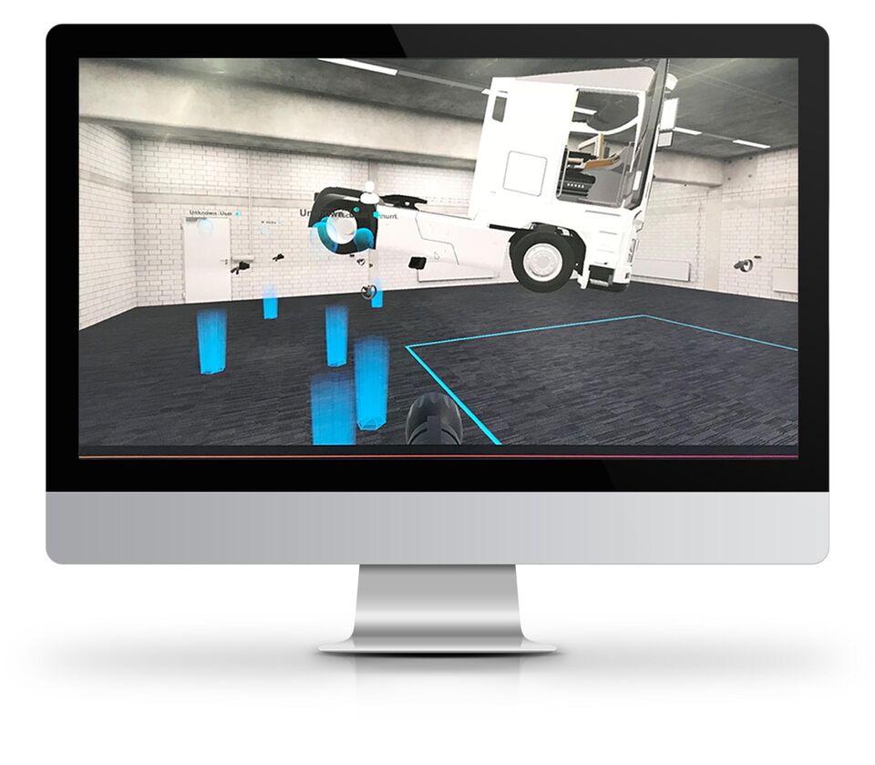 Mockup der VR Anwendung mit einem Truck im virtuellen Raum